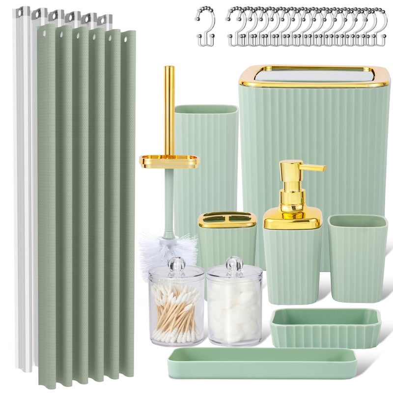 Viowil LightGreen Bathroom Set, 23 PCS Bathroom Accessories Set with Shower Curtains, Trash Can, Toothbrush Holder, Soap Dispensers, Toothbrush Cup, Vanity Tray, Soap Dish, Toilet Brush, Qtip Holders - Image 1